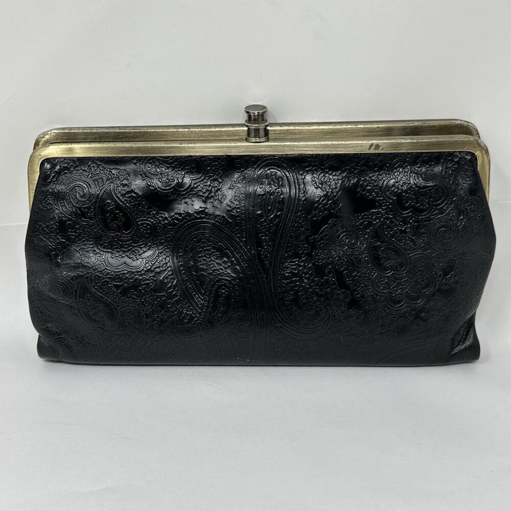 Vintage HOBO International Lauren Clutch Wallet Black Paisley Leather Frame